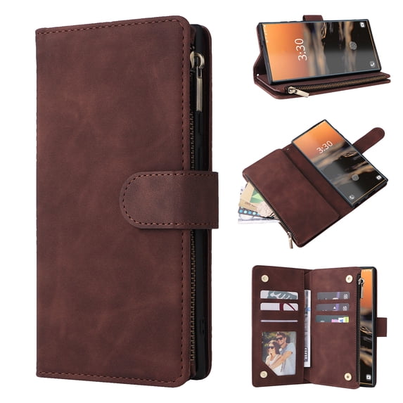 Zipper Wallet Case for Samsung Galaxy A15 with Large Capacity Card Slots Holder Flip Folio Cover, Premium PU Leather Wrist Hand Strap Kickstand Shockproof Case for Samsung Galaxy A15, Coffee