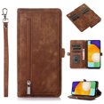 thumbnail image 1 of Zipper Wallet Case for Samsung Galaxy A15 with Wrist Strap, Premium PU Leather Folding Kickstand Card Holder Flip Case Magnetic Closure Full Body Protection for Samsung Galaxy A15, Brown, 1 of 6