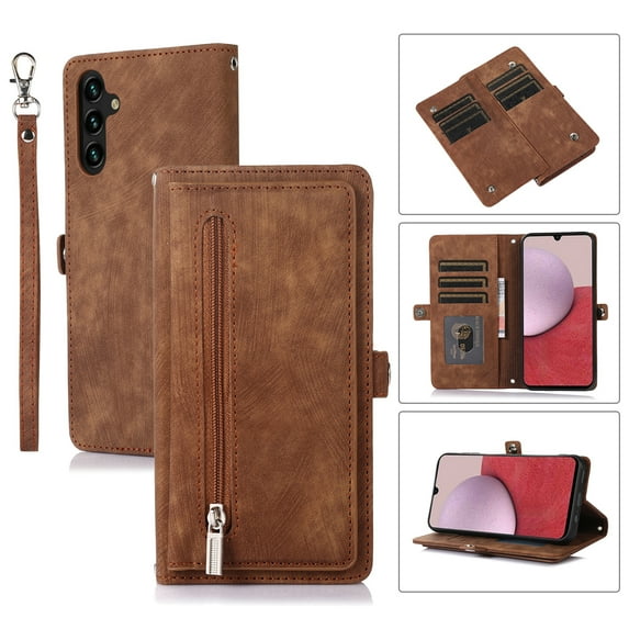 Zipper Wallet Case for Samsung Galaxy A16 5G, Crossbody Purse Case with Card Holder Lanyard Wrist Hand Strap, Premium PU Leather Flip Kickstand Shockproof Magnetic Buckle Cover, Brown