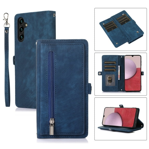Zipper Wallet Case for Samsung Galaxy A16 5G, Crossbody Purse Case with Card Holder Lanyard Wrist Hand Strap, Premium PU Leather Flip Kickstand Shockproof Magnetic Buckle Cover, Blue