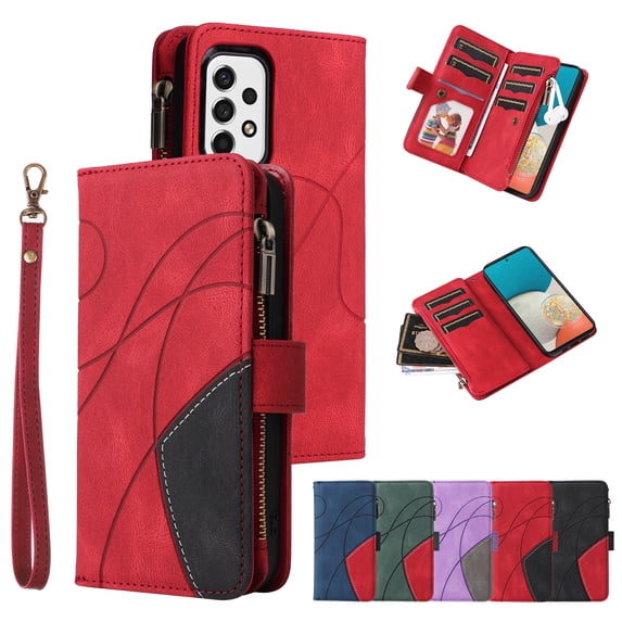 Zipper Wallet Case for Samsung Galaxy A23 5G Large Capacity Card Slots Holder Magnetic Cover, Luxury PU Leather Anti-Shock Flip Folio Case with Kickstand Wrist Strap Handbag Protective Case,Red