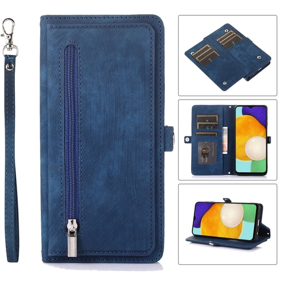 Zipper Wallet Case for Samsung Galaxy A53 5G, Crossbody Purse Case with Card Holder Lanyard Wrist Hand Strap, Premium PU Leather Flip Kickstand Shockproof Magnetic Buckle Cover, Blue