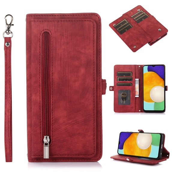 Zipper Wallet Case for Samsung Galaxy A56 5G with Wrist Strap, Premium PU Leather Folding Kickstand Card Holder Flip Case Magnetic Closure Full Body Protection for Samsung Galaxy A56 5G, Red