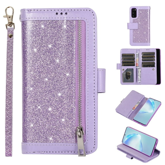 Zipper Wallet Case for Samsung Galaxy S20 6.2", Allytech Bling Glitter Leather Case with 9 Credit Card Holder Flip Magnetic Closure Stand Cover with Cash Pocket and Hand Strap,Purple