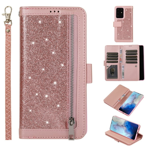 Zipper Wallet Case for Samsung Galaxy S20 Ultra 6.9", Allytech Bling Glitter Leather Case with 9 Credit Card Holder Flip Magnetic Closure Stand Cover with Cash Pocket and Hand Strap, Pink