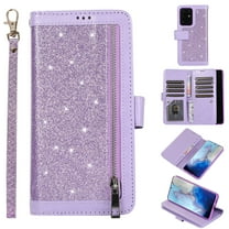 Zipper Wallet Case for Samsung Galaxy S20 Ultra 6.9", Allytech Bling Glitter Leather Case with 9 Credit Card Holder Flip Magnetic Closure Stand Cover with Cash Pocket and Hand Strap, Purple
