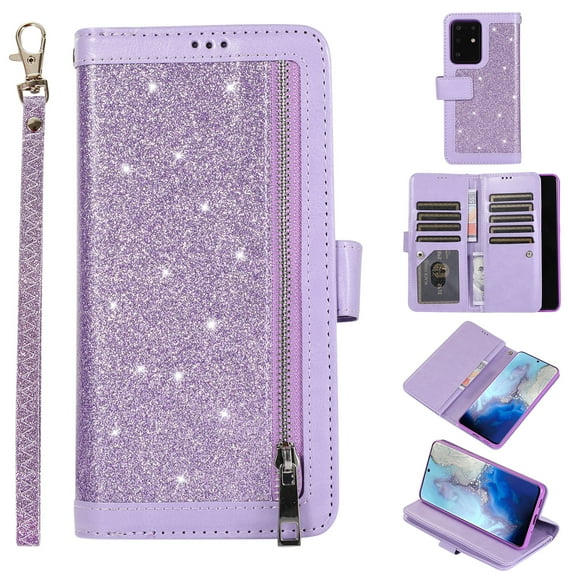 Zipper Wallet Case for Samsung Galaxy S20 Ultra 6.9", Allytech Bling Glitter Leather Case with 9 Credit Card Holder Flip Magnetic Closure Stand Cover with Cash Pocket and Hand Strap, Purple