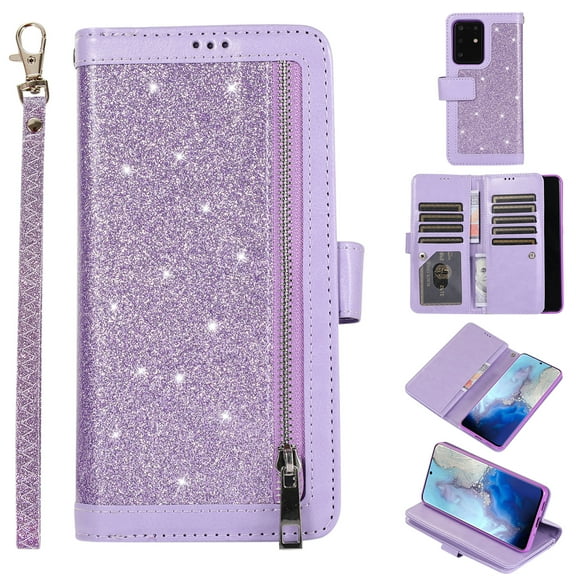 Zipper Wallet Case for Samsung Galaxy S20 Ultra 6.9", Allytech Bling Glitter Leather Case with 9 Credit Card Holder Flip Magnetic Closure Stand Cover with Cash Pocket and Hand Strap, Purple