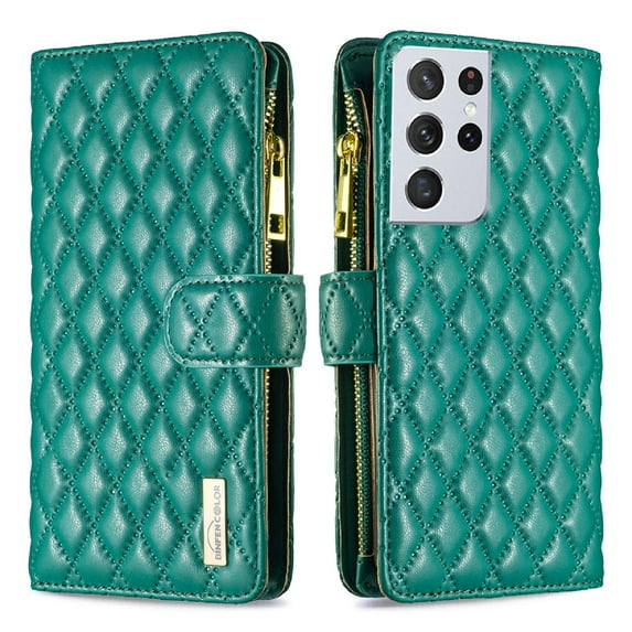 Zipper Wallet Case for Samsung Galaxy S21 Ultra, Luxury PU Leather Shockproof Phone Case with Magnetic Clasp Kicktsand Wrist Strap Card Slots Cover for Samsung Galaxy S21 Ultra 6.8 Inch,Green