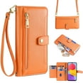 thumbnail image 1 of Zipper Wallet Case for Samsung Galaxy S22, Crossbody Lanyard Shoulder Strap & Wrist Hand Strap Handbag Cover, Premium Leather 6 Card Slots Holder Kickstand Magnetic Flip Folio Case, Orange, 1 of 8