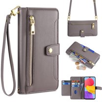Zipper Wallet Case for Samsung Galaxy S22, Crossbody Lanyard Shoulder Strap & Wrist Hand Strap Handbag Cover, Premium Leather 6 Card Slots Holder Kickstand Magnetic Flip Folio Case, Gray