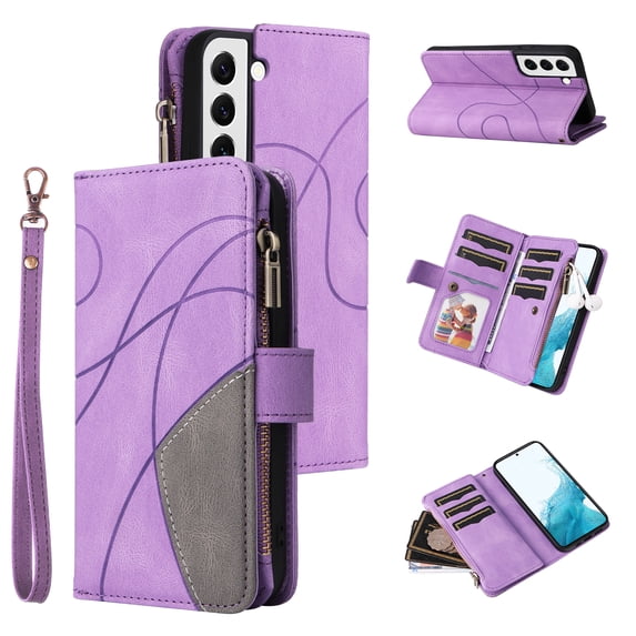 Zipper Wallet Case for Samsung Galaxy S22 Plus Large Capacity Card Slots Holder Magnetic Cover, Luxury PU Leather Anti-Shock Flip Folio Case with Kickstand Wrist Strap Handbag Protective Case,Purple