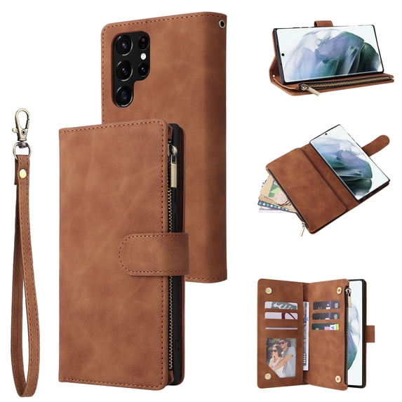 Zipper Wallet Case for Samsung Galaxy S22 Ultra with Large Capacity Card Slots Holder Flip Folio Cover, Premium PU Leather Magnetic Clasp Wrist Strap Kickstand Soft Silicone Shockproof Case,Brown