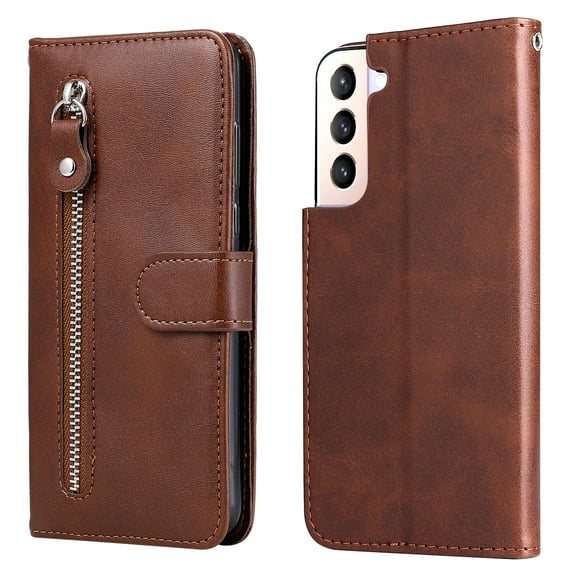Zipper Wallet Case for Samsung Galaxy S23, Glossy Luxury Faux PU Leather Soft Silicone Shockproof Flip Folio Cover with Card Slots Pocket Magnetic Clasp Kickstand Fashion Case,Brown