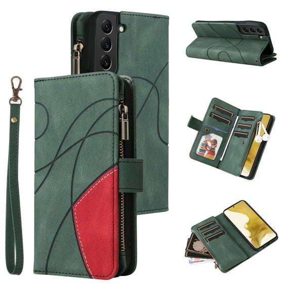 Zipper Wallet Case for Samsung Galaxy S23 Plus Large Capacity Card Slots Holder Magnetic Cover, Luxury PU Leather Anti-Shock Flip Folio Case with Kickstand Wrist Strap Handbag Protective Case,Green
