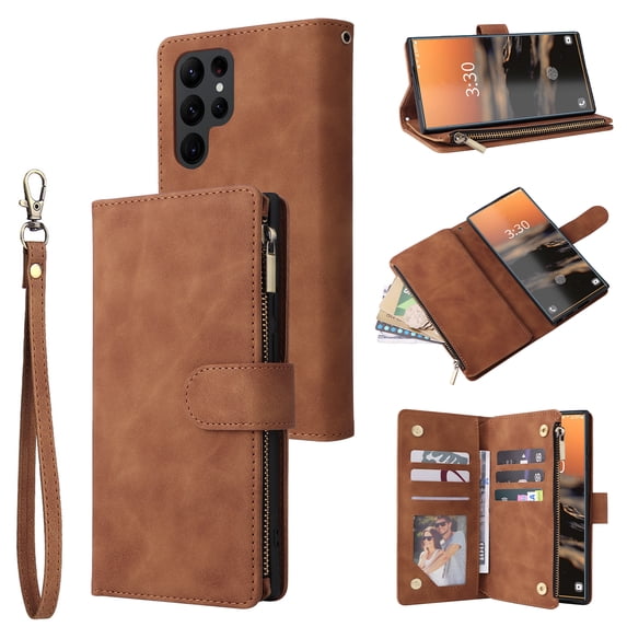 Zipper Wallet Case for Samsung Galaxy S23 Ultra with Large Capacity Card Slots Holder Flip Folio Cover, Premium PU Leather Magnetic Clasp Wrist Strap Kickstand Soft Silicone Shockproof Case,Brown
