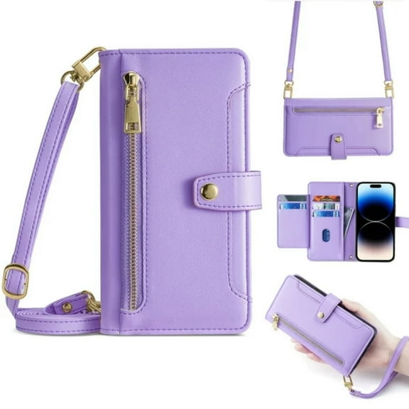 Zipper Wallet Case for Samsung Galaxy S24 FE, Crossbody Purse Cover with Lanyard & Wrist Hand Strap, Premium PU Leather 6 Card Holders Flip Kickstand Shockproof Magnetic Case, Purple