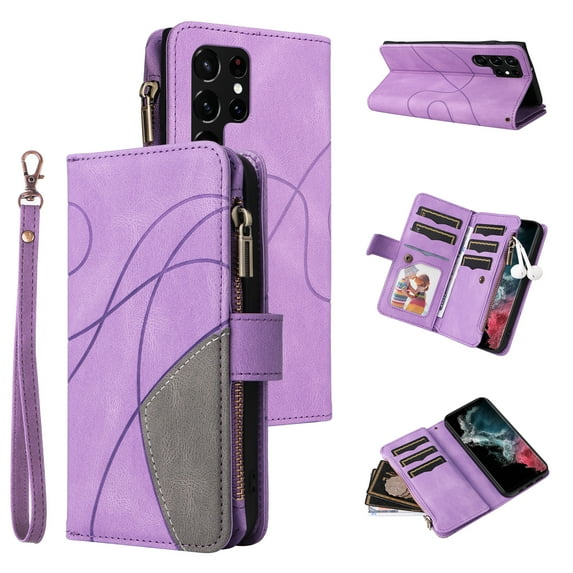 Zipper Wallet Case for Samsung Galaxy S24 Large Capacity Card Holder Magnetic Cover, Luxury PU Leather Anti-Shock Folio Case with Flip Kickstand Wrist Strap Case for Galaxy S24 Plus, Purple