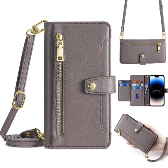 Zipper Wallet Case for Samsung Galaxy S24 Plus, Crossbody Purse Cover with Lanyard & Wrist Hand Strap, Premium PU Leather 6 Card Holders Flip Kickstand Shockproof Magnetic Case, Gray