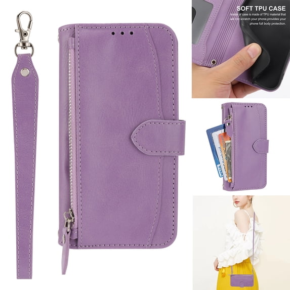 Zipper Wallet Case for Samsung Galaxy S24 Plus, Detachable Shoulder Strap Crossbody Luxury PU Leather Wrist Strap Handbag Magnetic Clasp Cover with Kickstand Card Slots Holder Case, Purple
