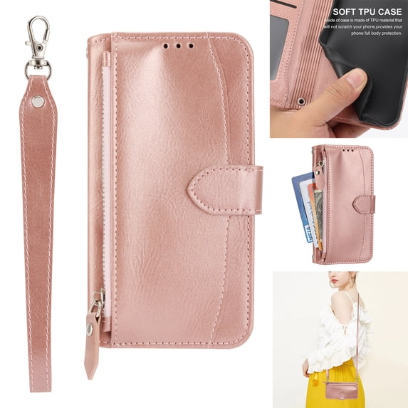 Zipper Wallet Case for Samsung Galaxy S24 Ultra, Detachable Shoulder Strap Crossbody Luxury PU Leather Wrist Strap Handbag Magnetic Clasp Cover with Kickstand Card Slots Holder Case, Rosegold