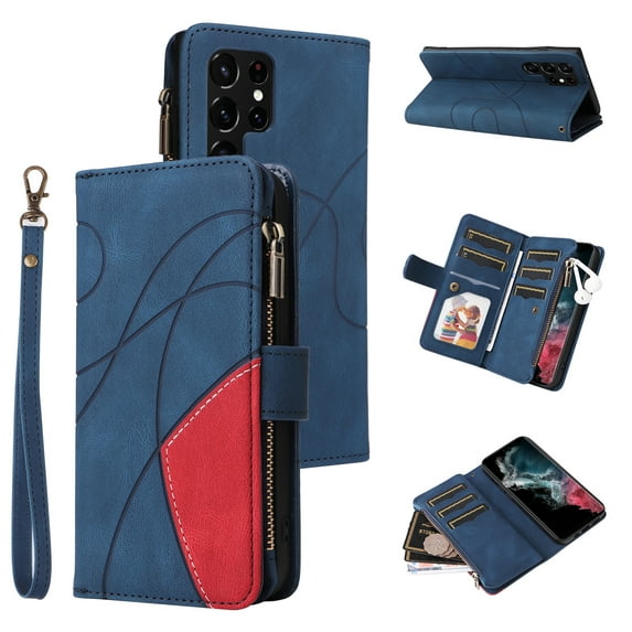 Zipper Wallet Case for Samsung Galaxy S24 Ultra Large Capacity Card Holder Magnetic Cover, Luxury PU Leather Anti-Shock Folio Case with Flip Kickstand Wrist Strap Case for Galaxy S24 Ultra, Blue