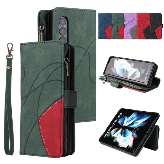 Zipper Wallet Case for Samsung Galaxy Z Fold3 Large Capacity Card Slots Holder Magnetic Clasp Cover, Luxury PU Leather Anti-Shock Flip Folio Case with Kickstand Wrist Strap Handbag Case,Green
