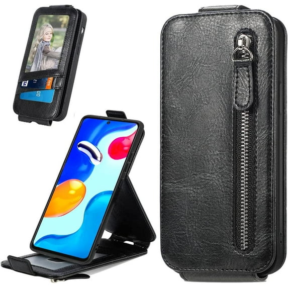 Zipper Wallet Case for Xiaomi Redmi Note 11 4G with Card Holder Slot, PU Leather Adjustable Kickstand Flip Handbag Phone Cover for Xiaomi Redmi Note 11/Redmi Note 11S SDLL Black
