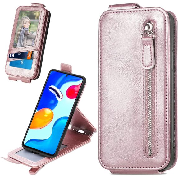 Zipper Wallet Case for Xiaomi Redmi Note 11 4G with Card Holder Slot, PU Leather Adjustable Kickstand Flip Handbag Phone Cover for Xiaomi Redmi Note 11/Redmi Note 11S SDLL Rose Gold