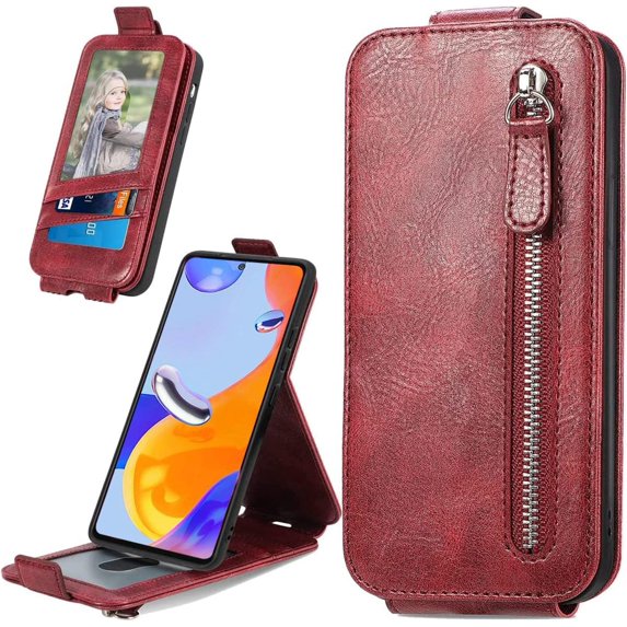 Zipper Wallet Case for Xiaomi Redmi Note 11 Pro with Card Holder Slot, PU Leather Adjustable Kickstand Flip Handbag Phone Cover for Xiaomi Redmi Note 11 Pro/Redmi Note 11E Pro SDLL Red