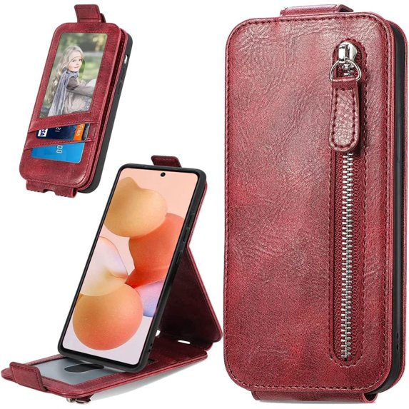 Zipper Wallet Case for Xiaomi 12T with Card Holder Slot, PU Leather Adjustable Kickstand Flip Handbag Phone Cover for Xiaomi 12T/12T Pro SDLL Red