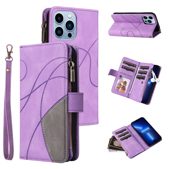 Zipper Wallet Case for iPhone 13 Pro Large Capacity Card Slots Holder Magnetic Clasp Cover, Luxury PU Leather Anti-Shock Flip Folio Case with Kickstand Wrist Strap Handbag Protective Case,Purple