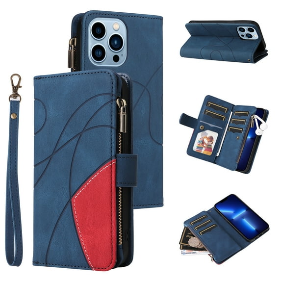 Zipper Wallet Case for iPhone 13 Pro Max Large Capacity Card Slots Holder Magnetic Clasp Cover, Luxury PU Leather Anti-Shock Flip Folio Case with Kickstand Wrist Strap Handbag Protective Case,Blue