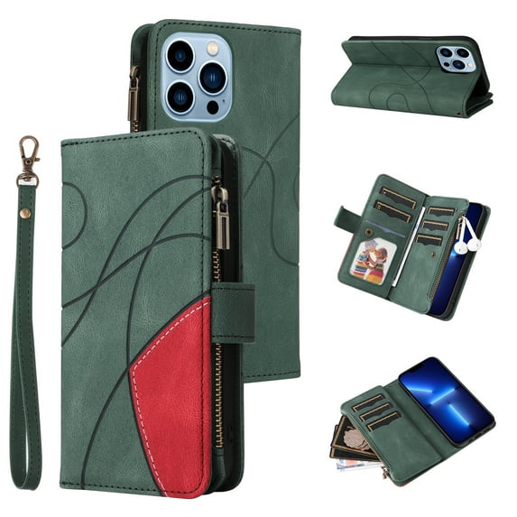Zipper Wallet Case for iPhone 13 Pro Max Large Capacity Card Slots Holder Magnetic Clasp Cover, Luxury PU Leather Anti-Shock Flip Folio Case with Kickstand Wrist Strap Handbag Protective Case,Green