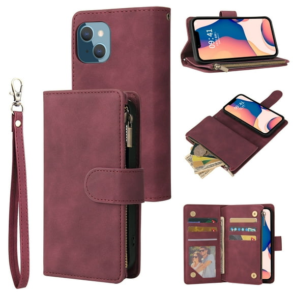 Zipper Wallet Case for iPhone 14 with Large Capacity Card Slots Holder Flip Folio Cover, Premium PU Leather Magnetic Clasp Wrist Strap Kickstand Soft Silicone Shockproof Case,Winered