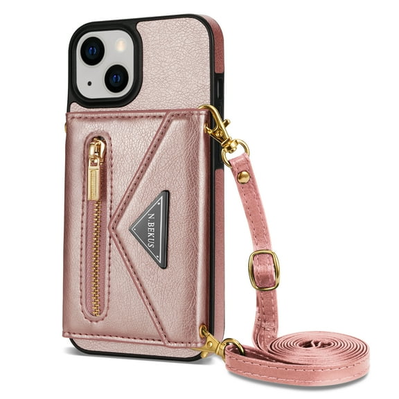 Zipper Wallet Case for iPhone 14 Plus with Card Holders Zipper Pocket Kickstand Function Detachable Crossbody Shoulder Strap Shockproof Purse Phone Case for iPhone 14 Plus,Pink