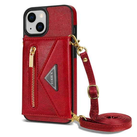 Zipper Wallet Case for iPhone 14 Plus with Card Holders Zipper Pocket Kickstand Function Detachable Crossbody Shoulder Strap Shockproof Purse Phone Case for iPhone 14 Plus,Red