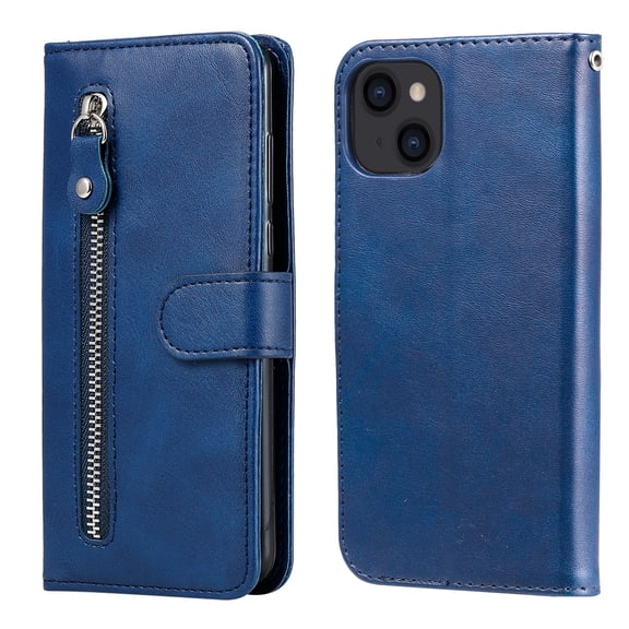 Zipper Wallet Case for iPhone 14 Plus, Glossy Luxury Faux PU Leather Soft Silicone Shockproof Flip Folio Cover with Card Slots Pocket Magnetic Clasp Kickstand Fashion Case, Blue