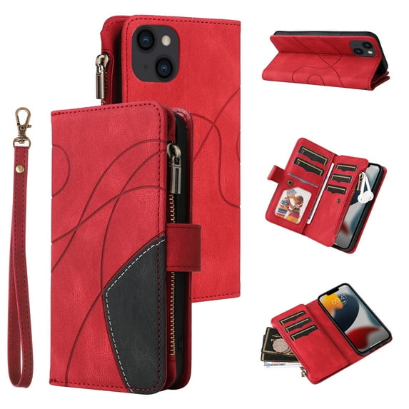 Zipper Wallet Case for iPhone 14 Plus Large Capacity Card Slots Holder Magnetic Clasp Cover, Luxury PU Leather Anti-Shock Flip Folio Case with Kickstand Wrist Strap Handbag Protective Case,Red