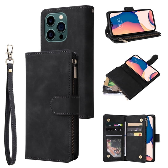 Zipper Wallet Case for iPhone 14 Pro Max with Large Capacity Card Slots Holder Flip Folio Cover, Premium PU Leather Magnetic Clasp Wrist Strap Kickstand Soft Silicone Shockproof Case,Black