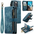 thumbnail image 1 of Zipper Wallet Case for iPhone 14 Pro, Premium PU Leather Wrist Hand Strap Card Slots Holder Flip Folio Cover with Magnetic Suction Kickstand Large Capacity Shockproof Case,Blue, 1 of 13
