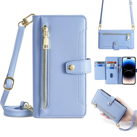 Zipper Wallet Case for iPhone 15 Pro, Crossbody Lanyard Shoulder Strap & Wrist Hand Strap Handbag Cover, Premium Leather 6 Card Slots Holder Kickstand Magnetic Flip Case, Blue