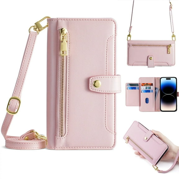 Zipper Wallet Case for iPhone 15 Pro, Crossbody Lanyard Shoulder Strap & Wrist Hand Strap Handbag Cover, Premium Leather 6 Card Slots Holder Kickstand Magnetic Flip Case, Pink