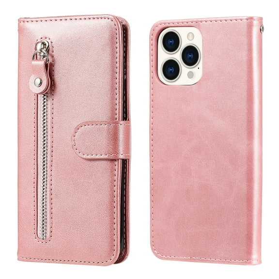 Zipper Wallet Case for iPhone 15 Pro, Glossy Luxury PU Leather Soft Silicone Shockproof Flip Folio Cover with Card Slots Pocket Magnetic Clasp Kickstand Fashion Case, Rosegold