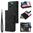 thumbnail image 1 of Zipper Wallet Case for iPhone 15 Pro with Large Capacity Card Slots Holder Flip Folio Cover, Premium PU Leather Magnetic Clasp Wrist Strap Kickstand Soft Silicone Shockproof Case, Black, 1 of 9