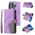thumbnail image 1 of Zipper Wallet Case for iPhone 15 Pro Large Capacity Card Slots Holder Magnetic Cover, Luxury PU Leather Shockproof Flip Case with Kickstand Wrist Strap Handbag Protective Case, Purple, 1 of 11