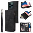 thumbnail image 1 of Zipper Wallet Case for iPhone 15 Pro Max with Large Capacity Card Slots Holder Flip Folio Cover, Premium PU Leather Magnetic Clasp Wrist Strap Kickstand Soft Silicone Shockproof Case, Black, 1 of 9