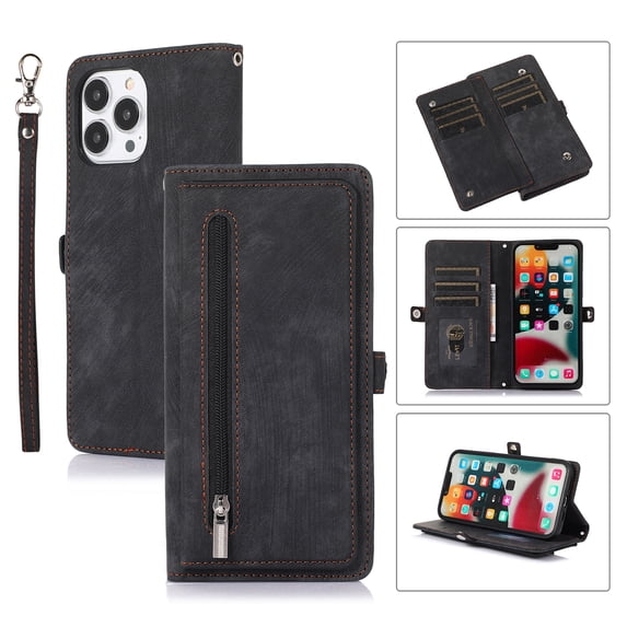 Zipper Wallet Case for iPhone 15 Pro Max with Wrist Strap, Premium PU Leather Folding Kickstand Card Holder Flip Case Magnetic Closure Full Body Protection for iPhone 15 Pro Max, Black