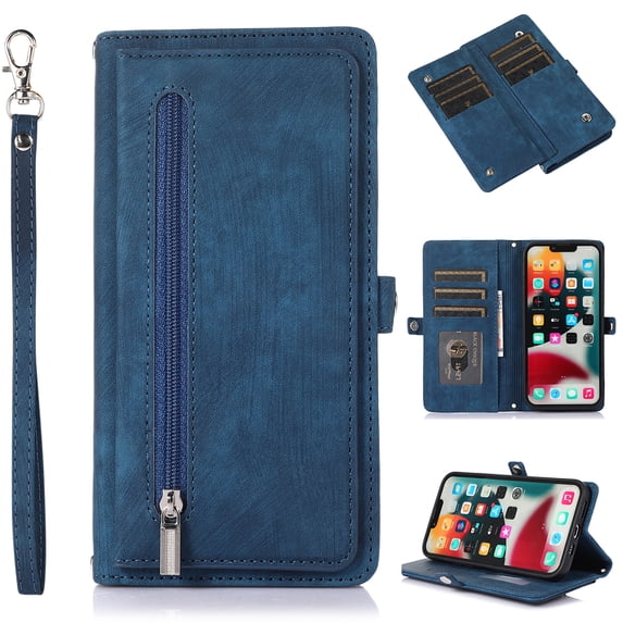 Zipper Wallet Case for iPhone 15 with Wrist Strap, Premium PU Leather Folding Kickstand Card Holder Flip Case Magnetic Closure Full Body Protection for iPhone 15, Blue