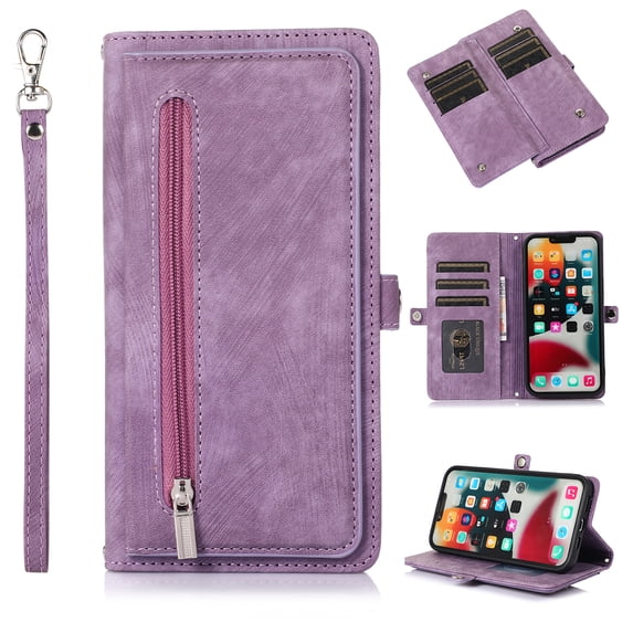 Zipper Wallet Case for iPhone 15 with Wrist Strap, Premium PU Leather Folding Kickstand Card Holder Flip Case Magnetic Closure Full Body Protection for iPhone 15, Purple